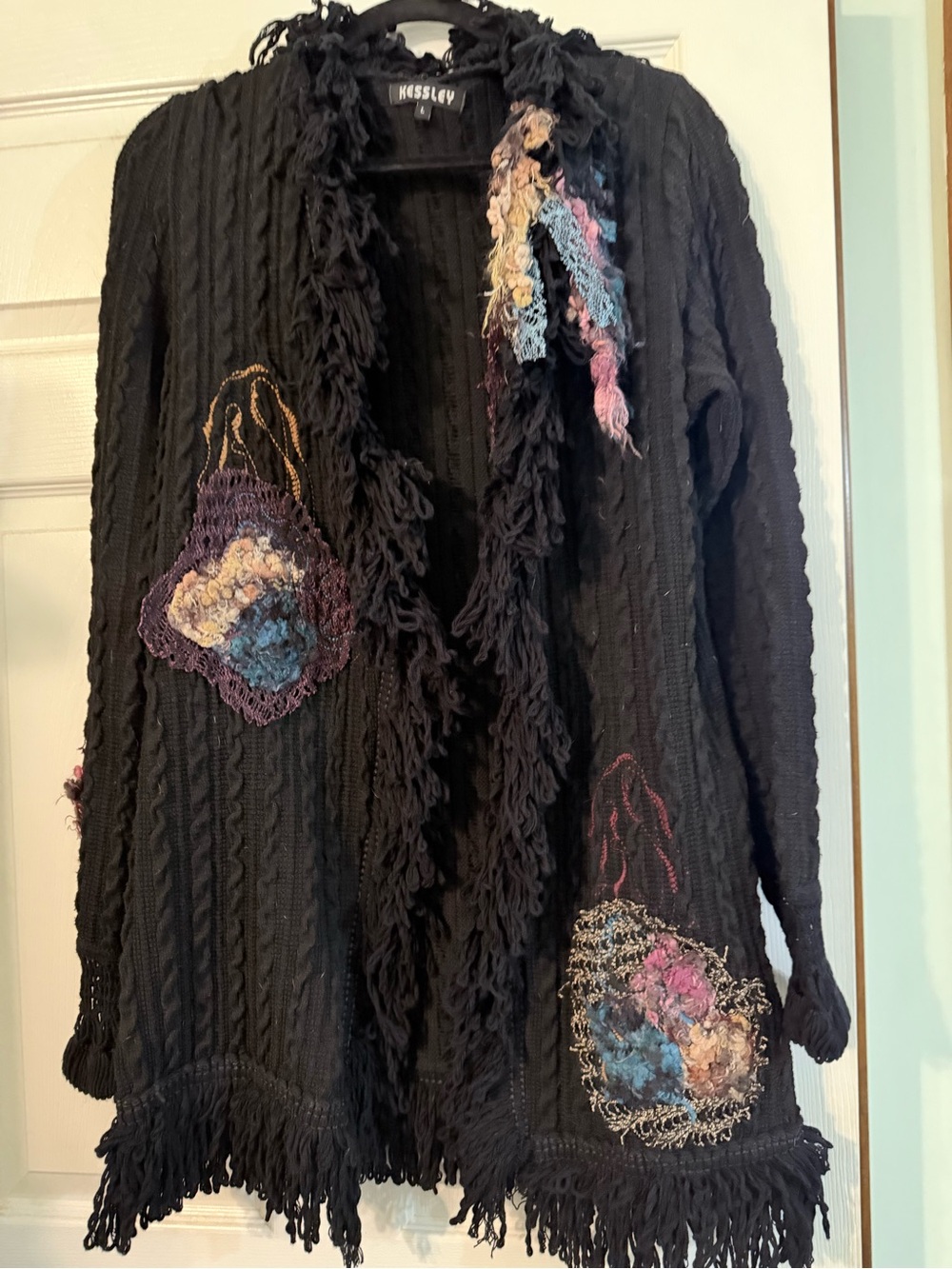Kassley Black Fringe Knit Cardigan with Multicolor Appliqués